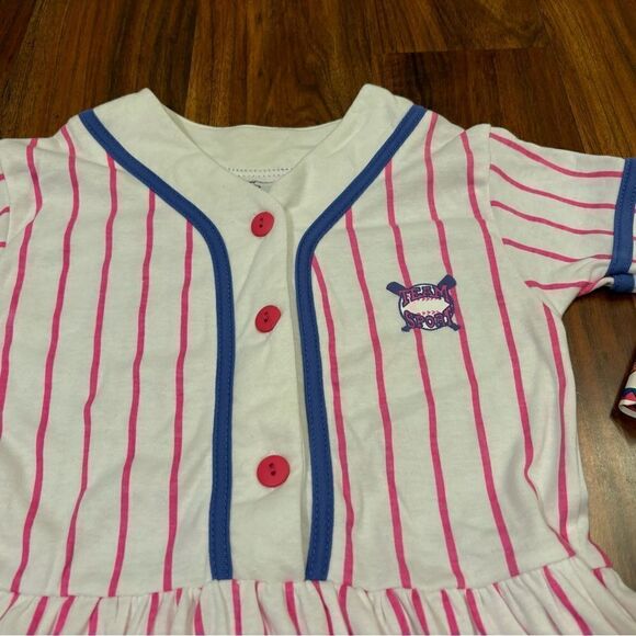 Happy Kids Vintage Team Sports baseball white pink stripe short sleeve dress - Picture 3 of 4